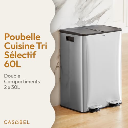 Poubelle Cuisine CASABEL Tri Sélectif 2x30L Acier INOX Anti Odure Usage Entreprise French