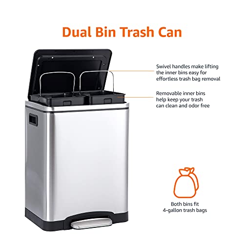 Amazon Basics Poubelle 30L en acier inoxydable avec deux compartiments et pédale – fermeture amortie avec couvercle, pou