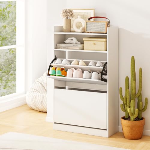 COSTWAY Meuble Chaussure Entree Blanc 2 Portes Abattants Rangement Ouvert 60 x 24 x 102 cm