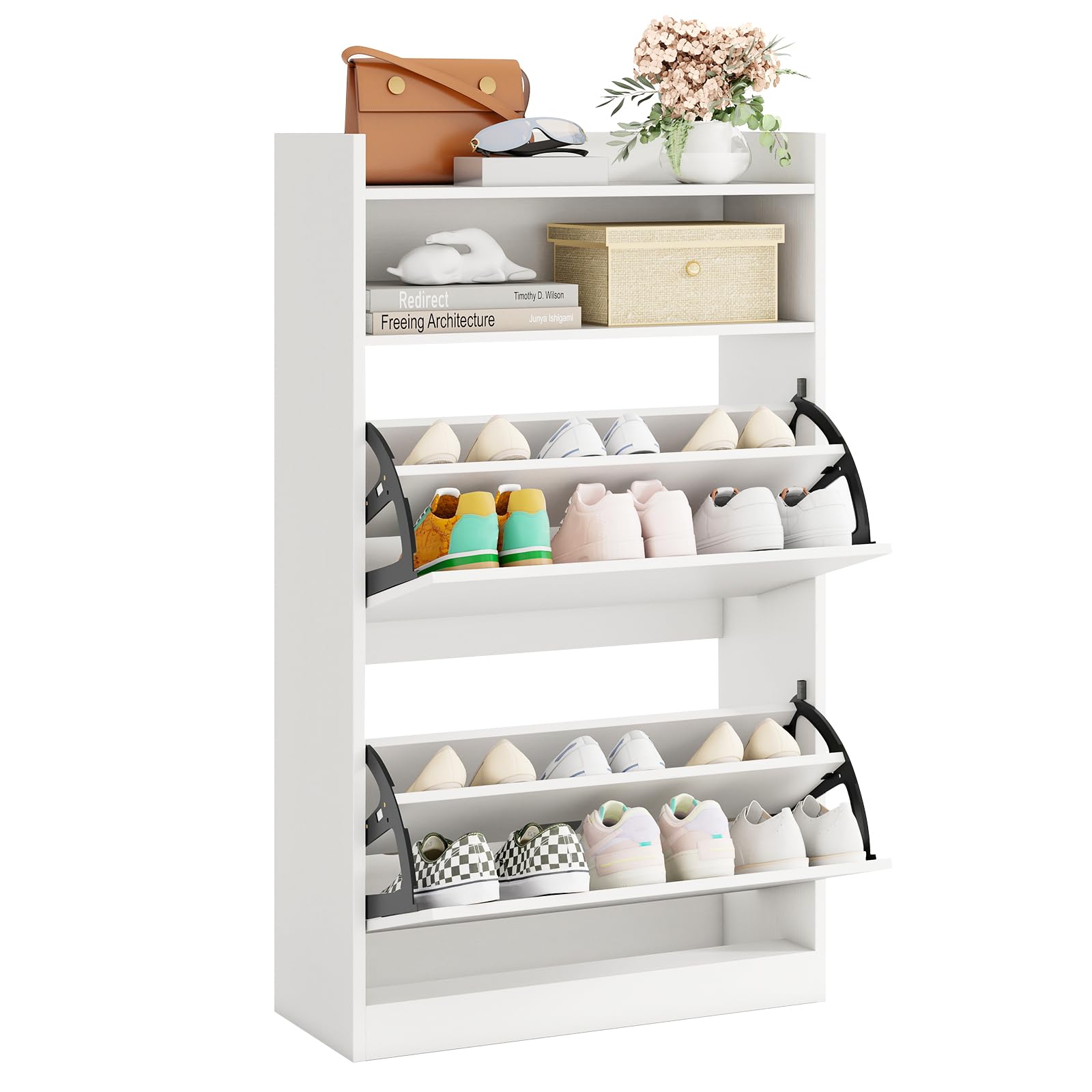 COSTWAY Meuble Chaussure Entree Blanc 2 Portes Abattants Rangement Ouvert 60 x 24 x 102 cm